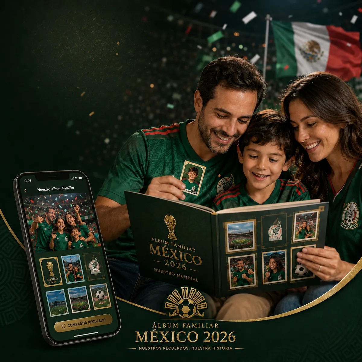 Familia mexicana reunida mirando su álbum