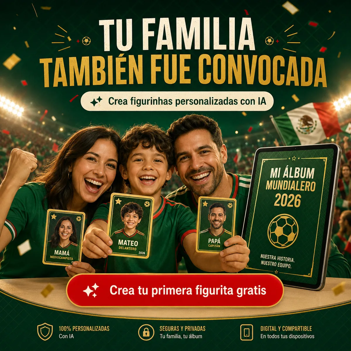 Familia mexicana feliz con su álbum mundialero digital